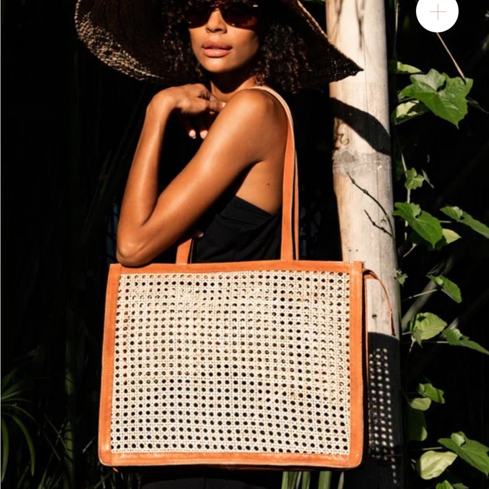 Tan and Cream Structured Tote with Woven Design Jenn Lee tote Punta Mita Tote